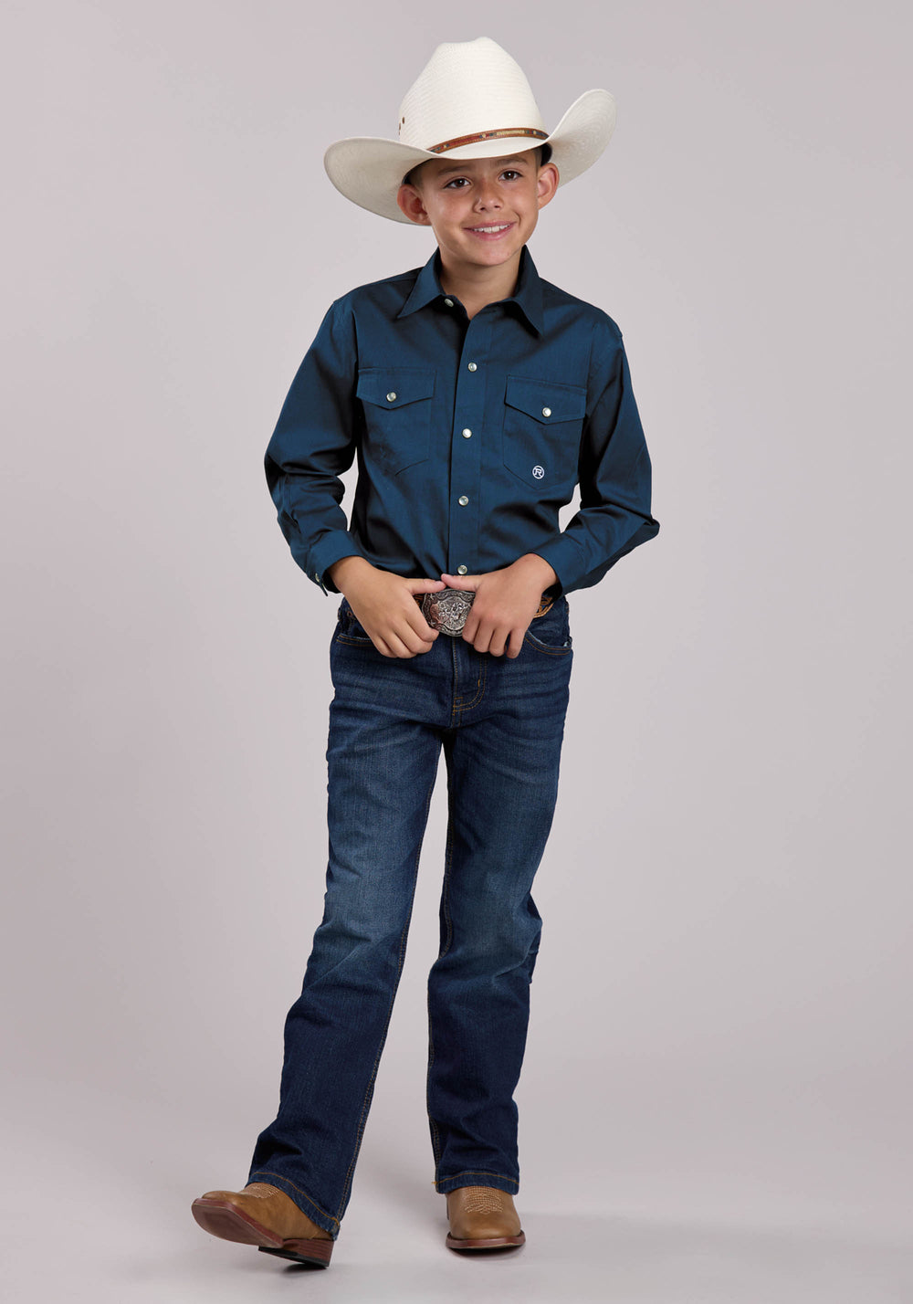 BOYS ROPER SOLID STRETCH POPLIN NAVY LONG SLEEVE SNAP SHIRT