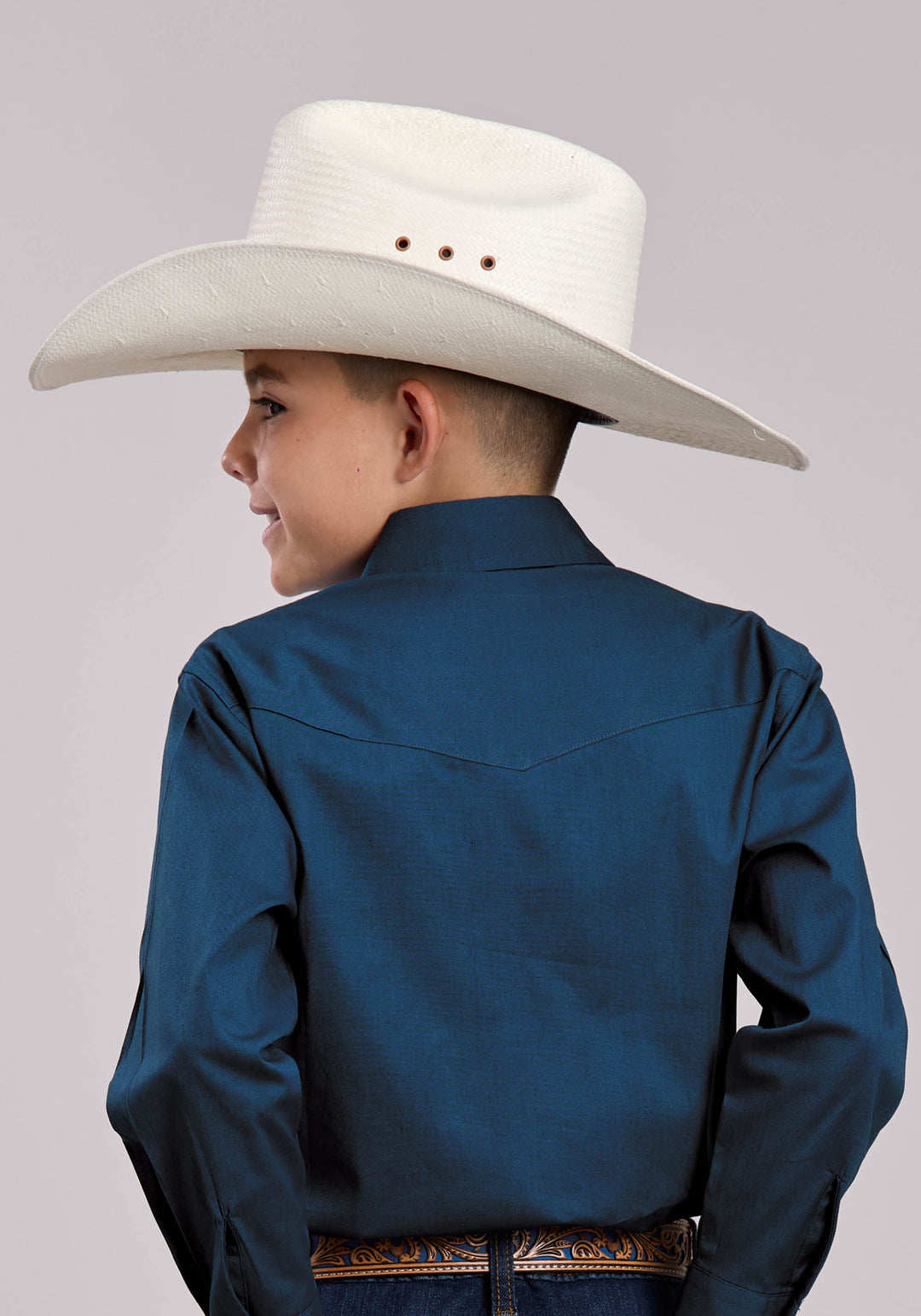 BOYS ROPER SOLID STRETCH POPLIN NAVY LONG SLEEVE SNAP SHIRT