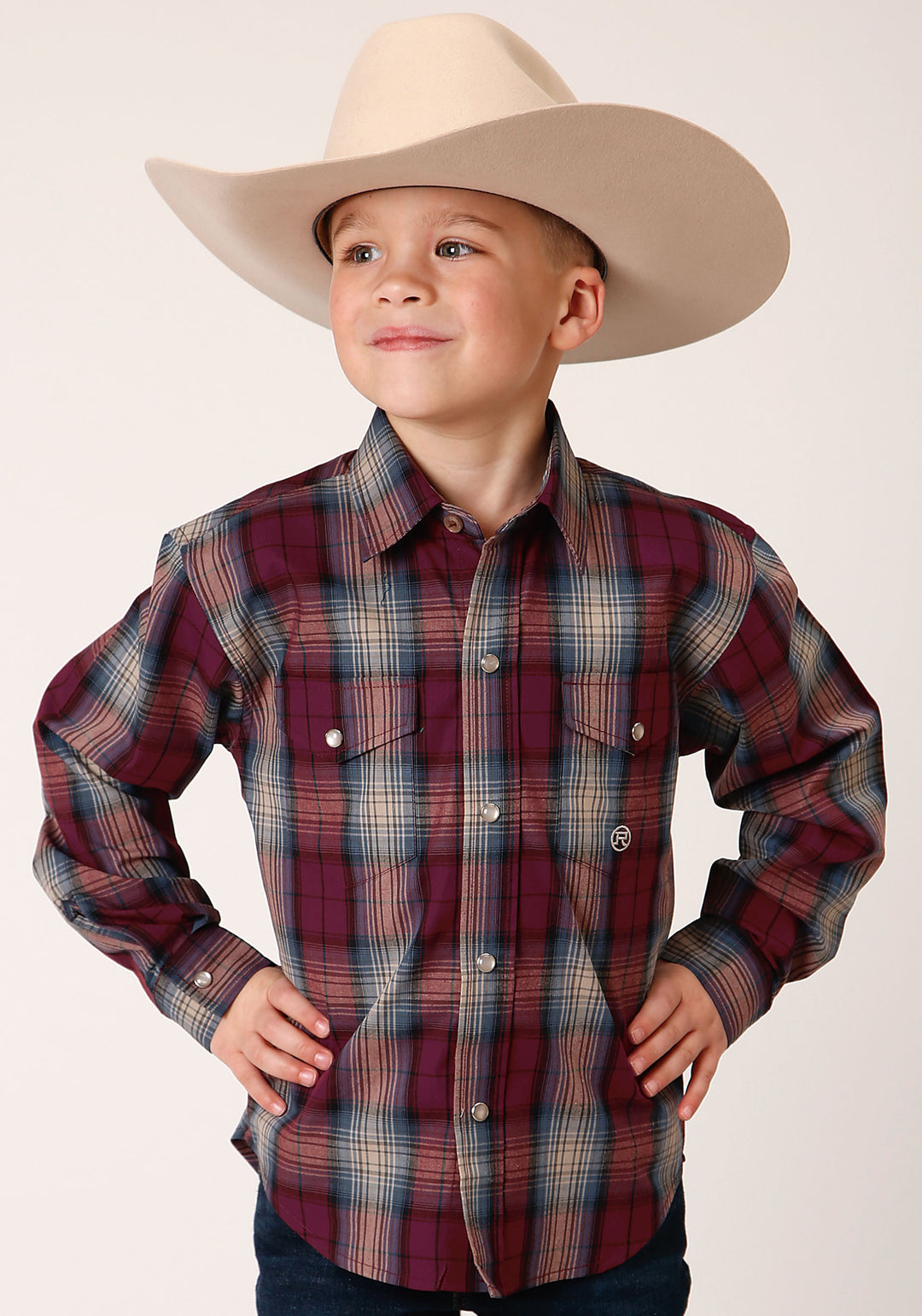 BOYS LONG SLEEVE SNAP WINE PLAID WESTERN SHIRT