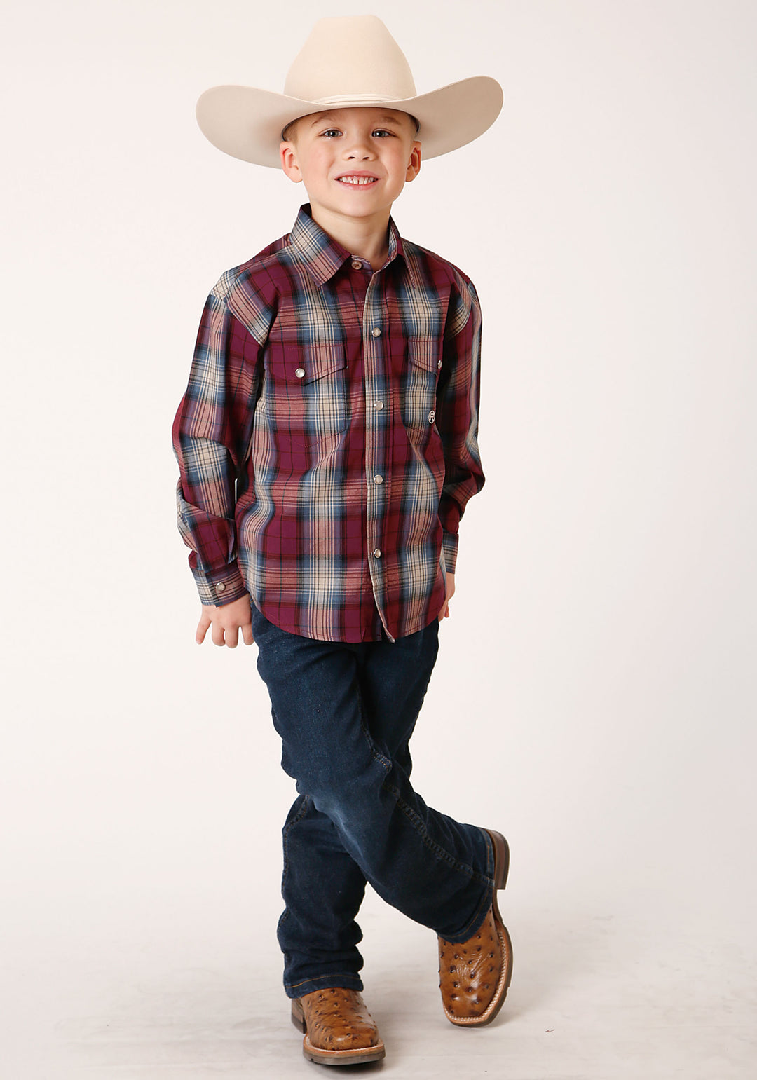 BOYS LONG SLEEVE SNAP WINE PLAID WESTERN SHIRT
