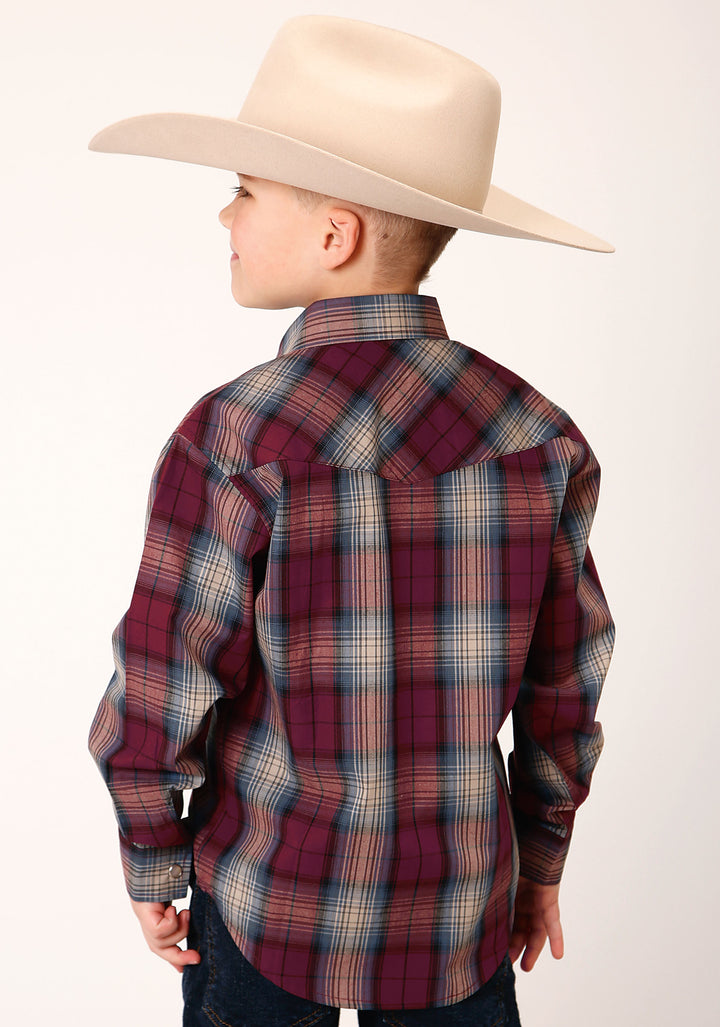 BOYS LONG SLEEVE SNAP WINE PLAID WESTERN SHIRT