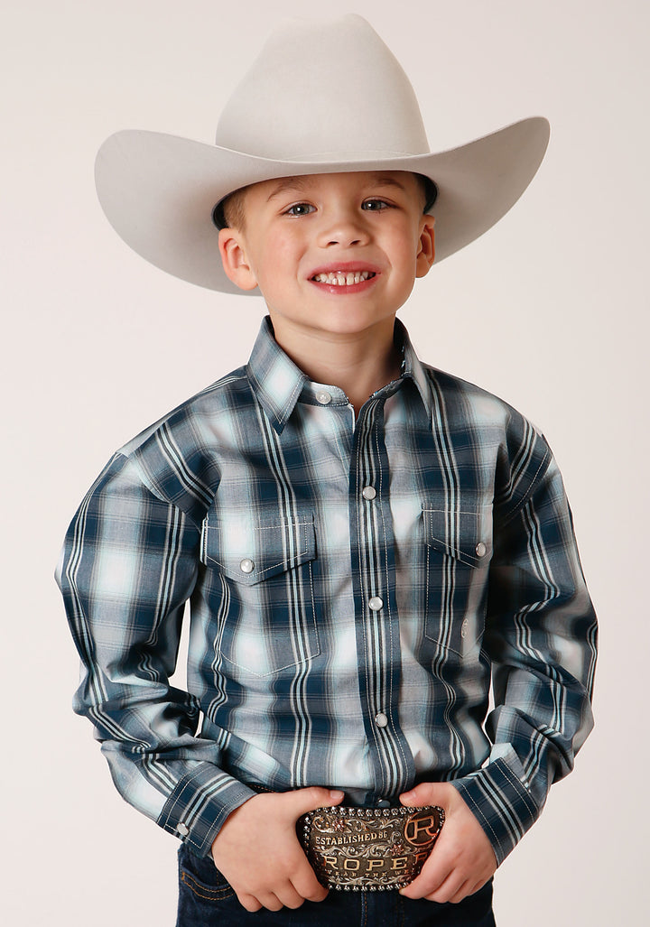 BOYS LONG SLEEVE SNAP BLUE WEST PLAID WESTERN SHIRT