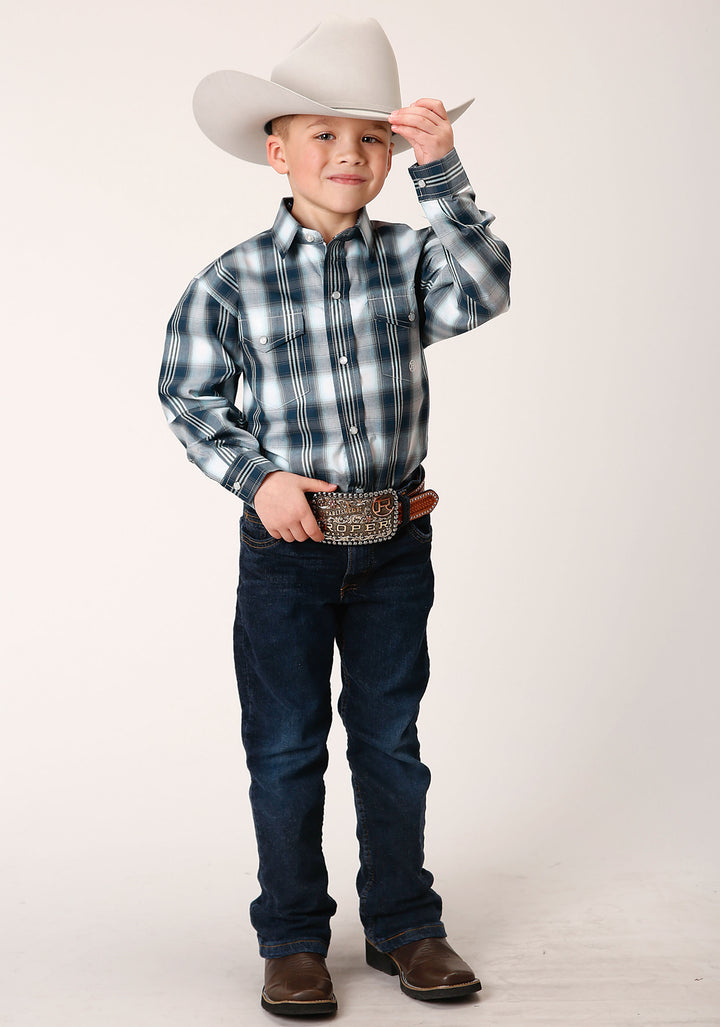 BOYS LONG SLEEVE SNAP BLUE WEST PLAID WESTERN SHIRT