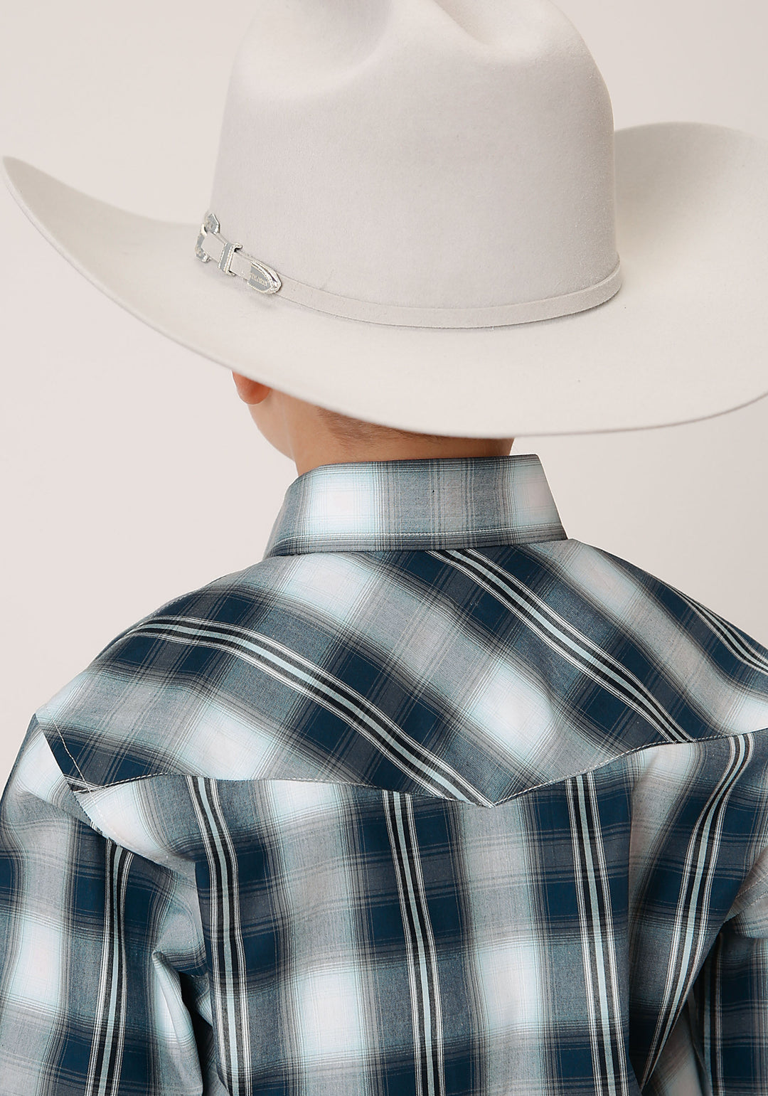 BOYS LONG SLEEVE SNAP BLUE WEST PLAID WESTERN SHIRT