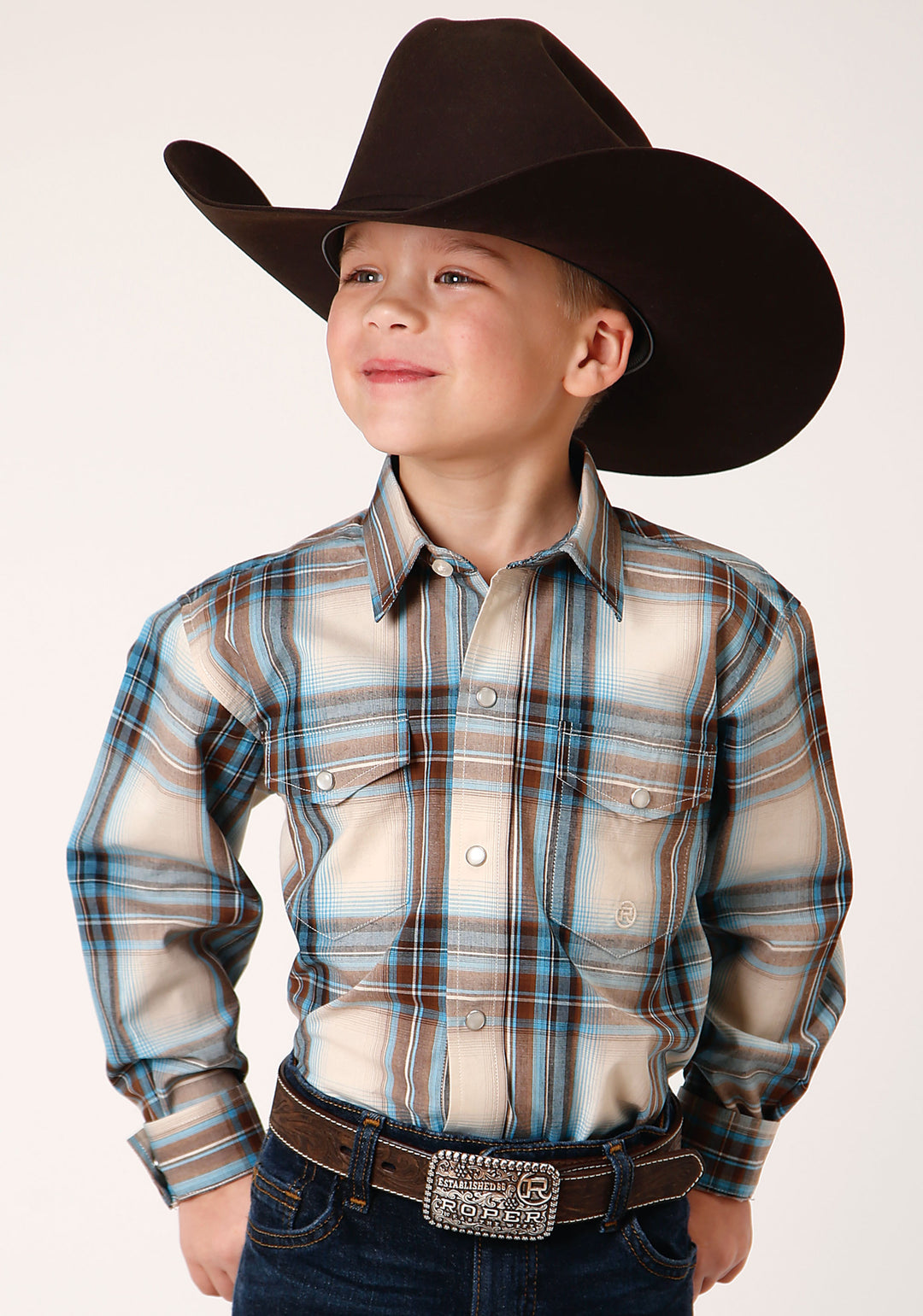BOYS LONG SLEEVE SNAP COCAO PLAID WESTERN SHIRT