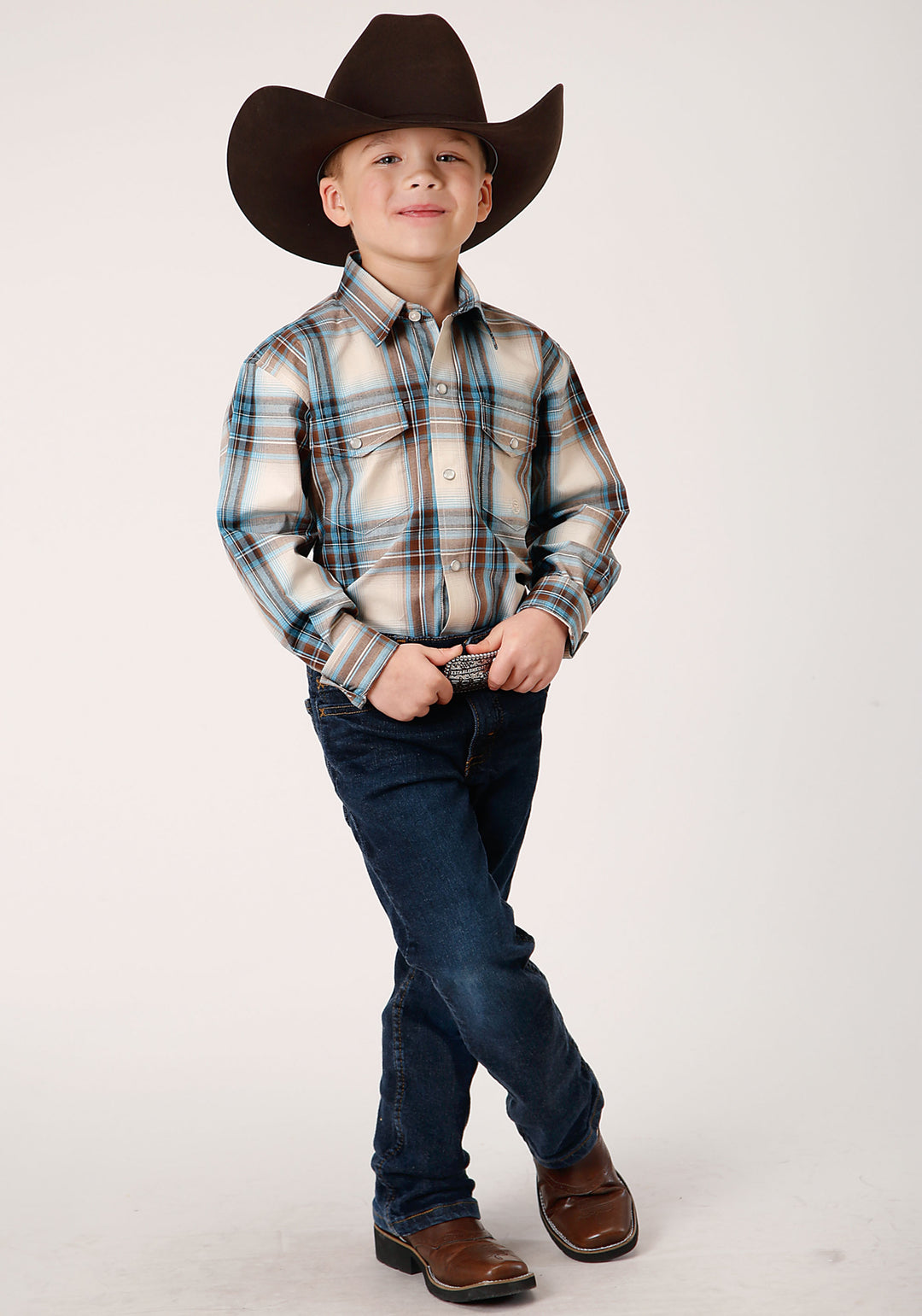 BOYS LONG SLEEVE SNAP COCAO PLAID WESTERN SHIRT