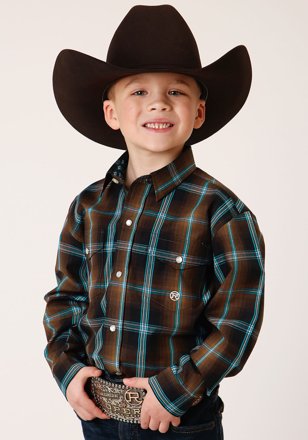 BOYS LONG SLEEVE SNAP DARK CHOCOLATE PLAID WESTERN SHIRT