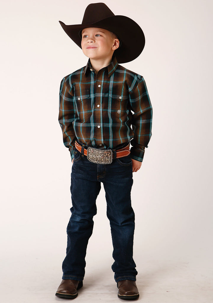 BOYS LONG SLEEVE SNAP DARK CHOCOLATE PLAID WESTERN SHIRT