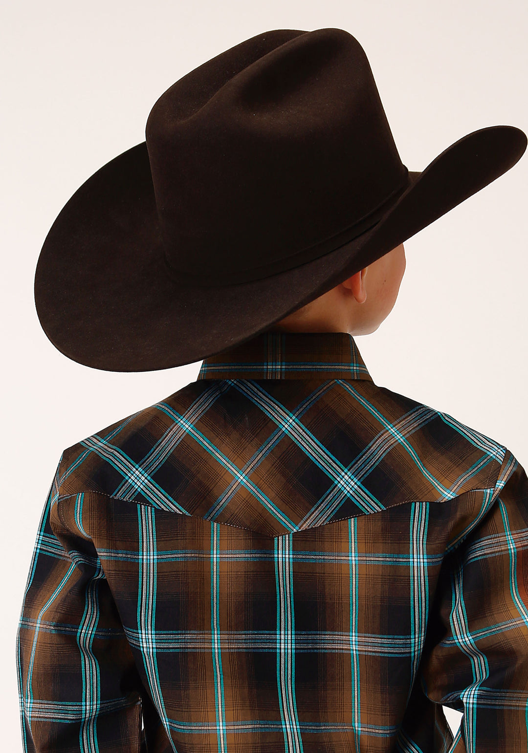 BOYS LONG SLEEVE SNAP DARK CHOCOLATE PLAID WESTERN SHIRT
