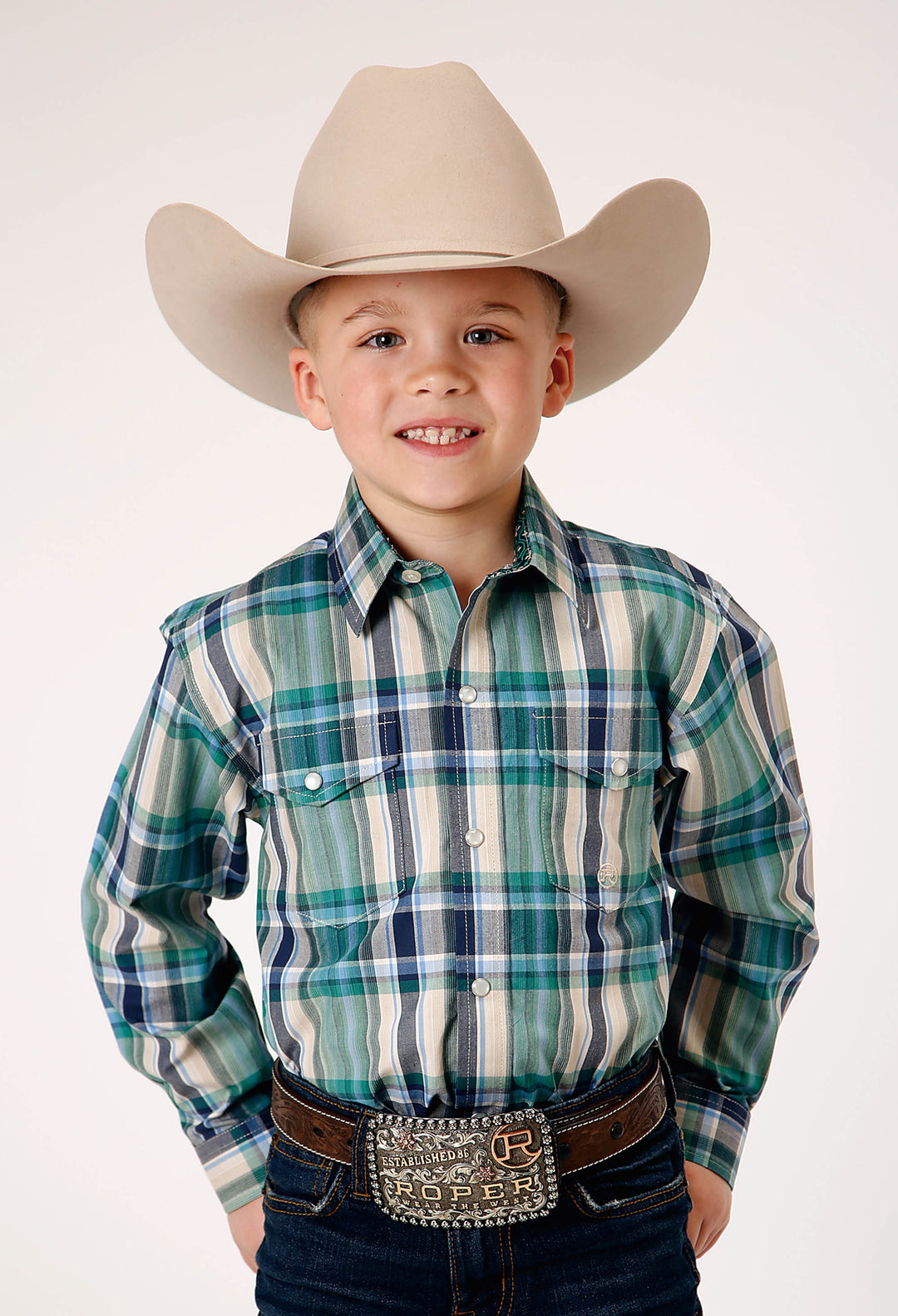 BOYS LONG SLEEVE SNAP OCEAN PLAID WESTERN SHIRT