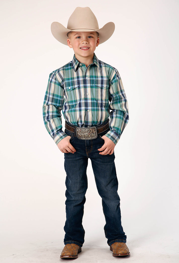BOYS LONG SLEEVE SNAP OCEAN PLAID WESTERN SHIRT