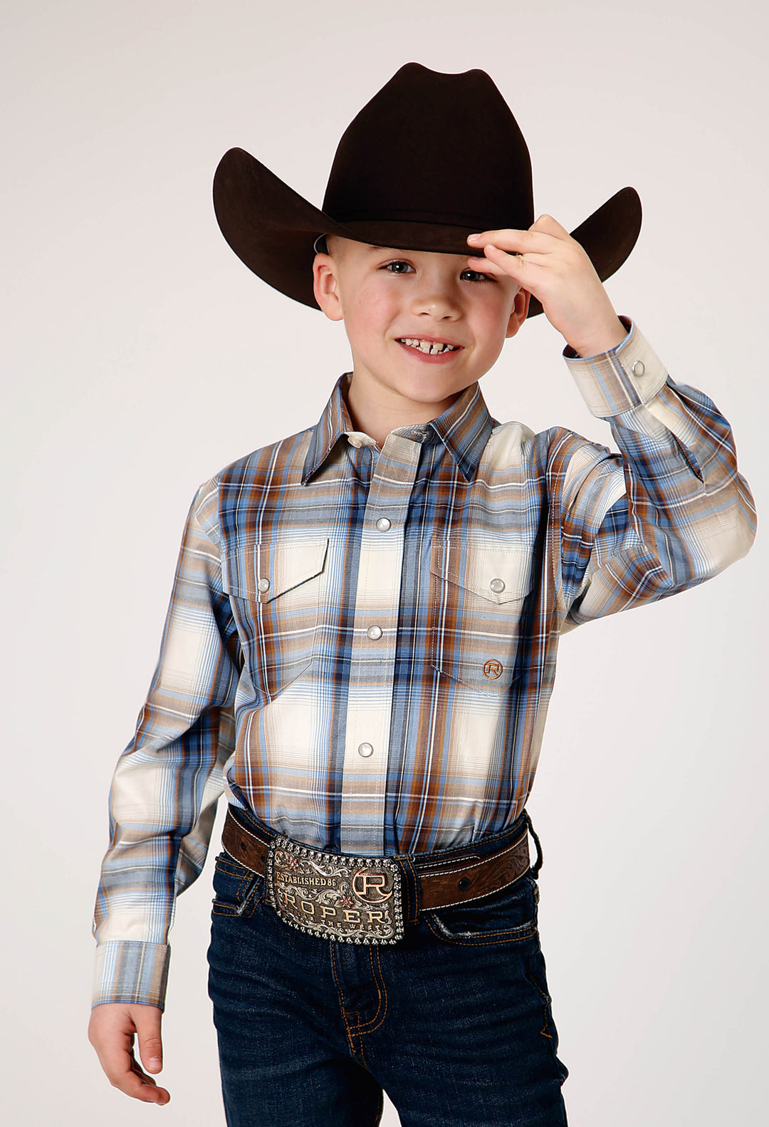 BOYS LONG SLEEVE SNAP DESERT BLUE PLAID WESTERN SHIRT