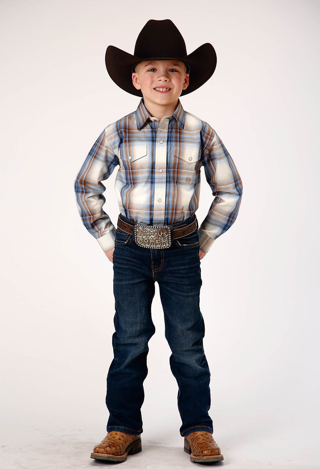 BOYS LONG SLEEVE SNAP DESERT BLUE PLAID WESTERN SHIRT