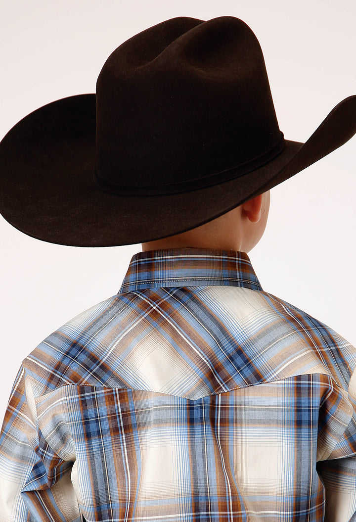 BOYS LONG SLEEVE SNAP DESERT BLUE PLAID WESTERN SHIRT