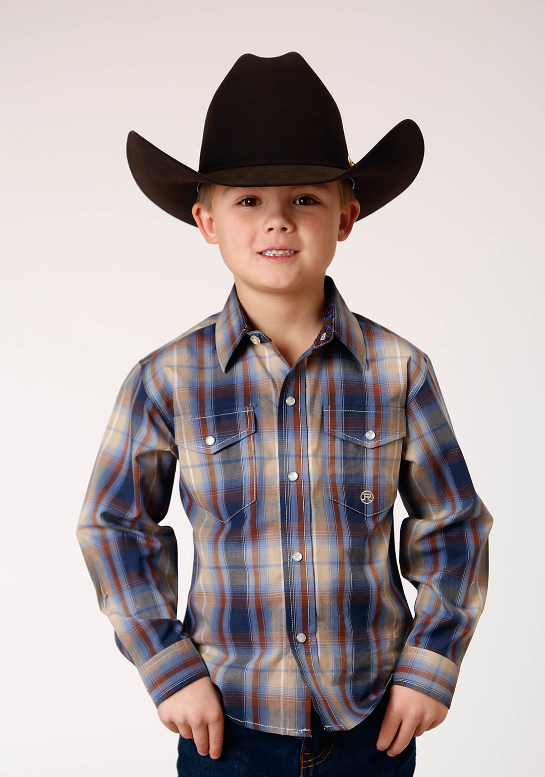 BOYS LONG SLEEVE SNAP RANCH PLAID WESTERN SHIRT