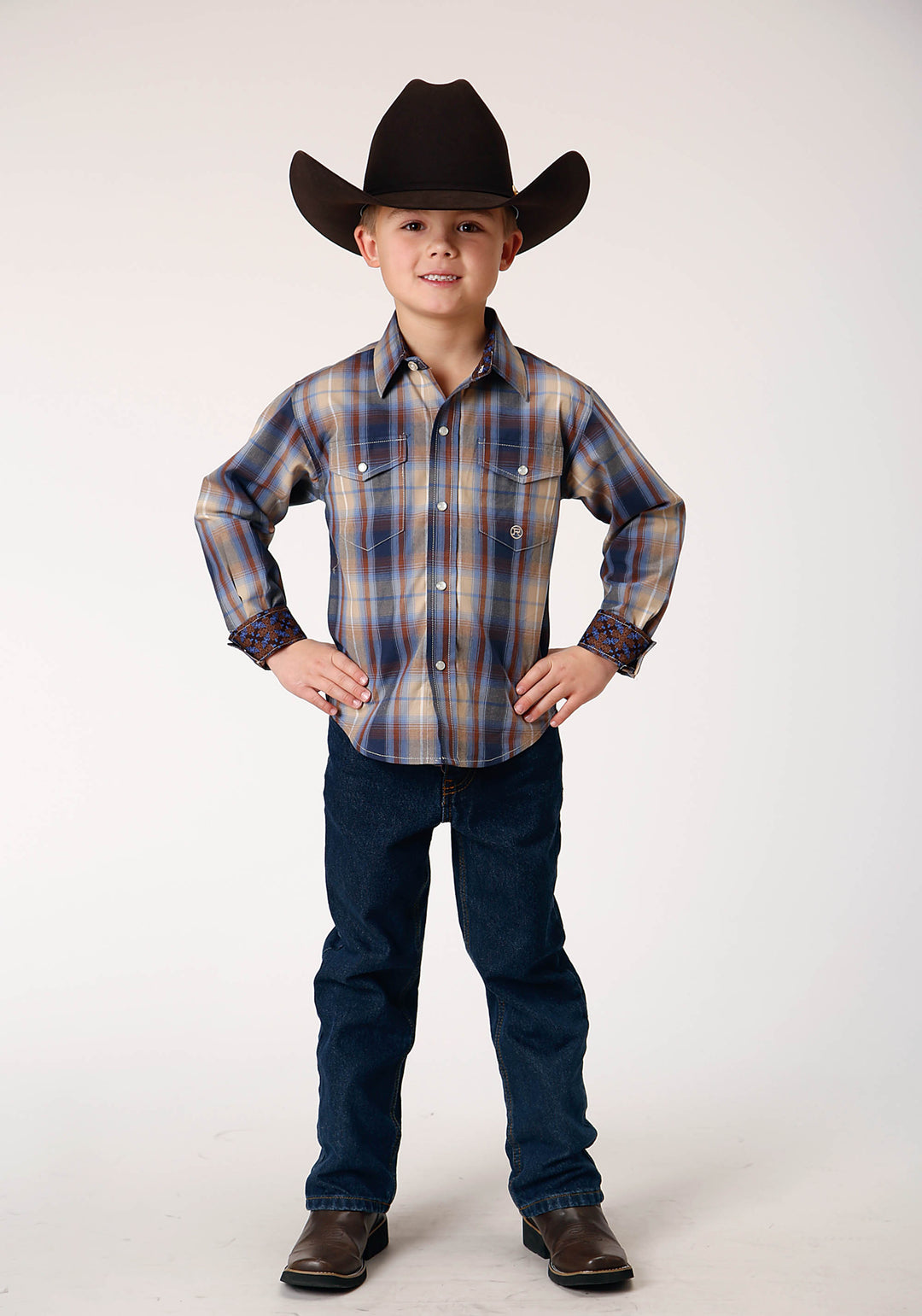 BOYS LONG SLEEVE SNAP RANCH PLAID WESTERN SHIRT