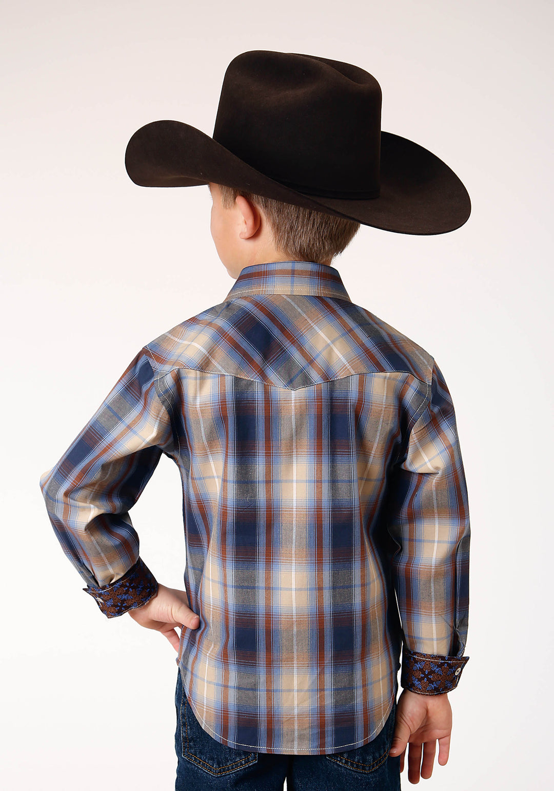 BOYS LONG SLEEVE SNAP RANCH PLAID WESTERN SHIRT
