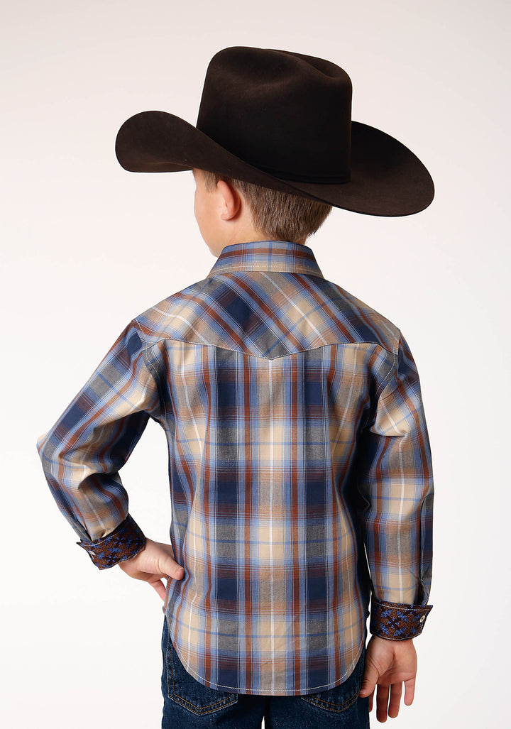 BOYS LONG SLEEVE SNAP RANCH PLAID WESTERN SHIRT