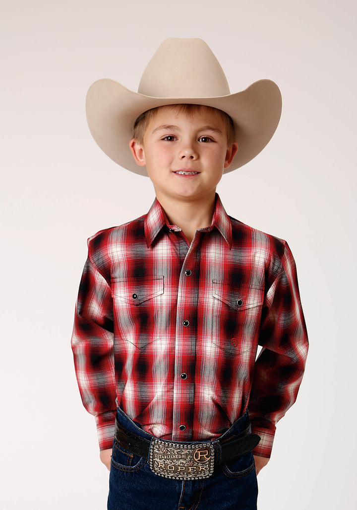 BOYS LONG SLEEVE SNAP BASIC RED PLAID WESTERN SHIRT