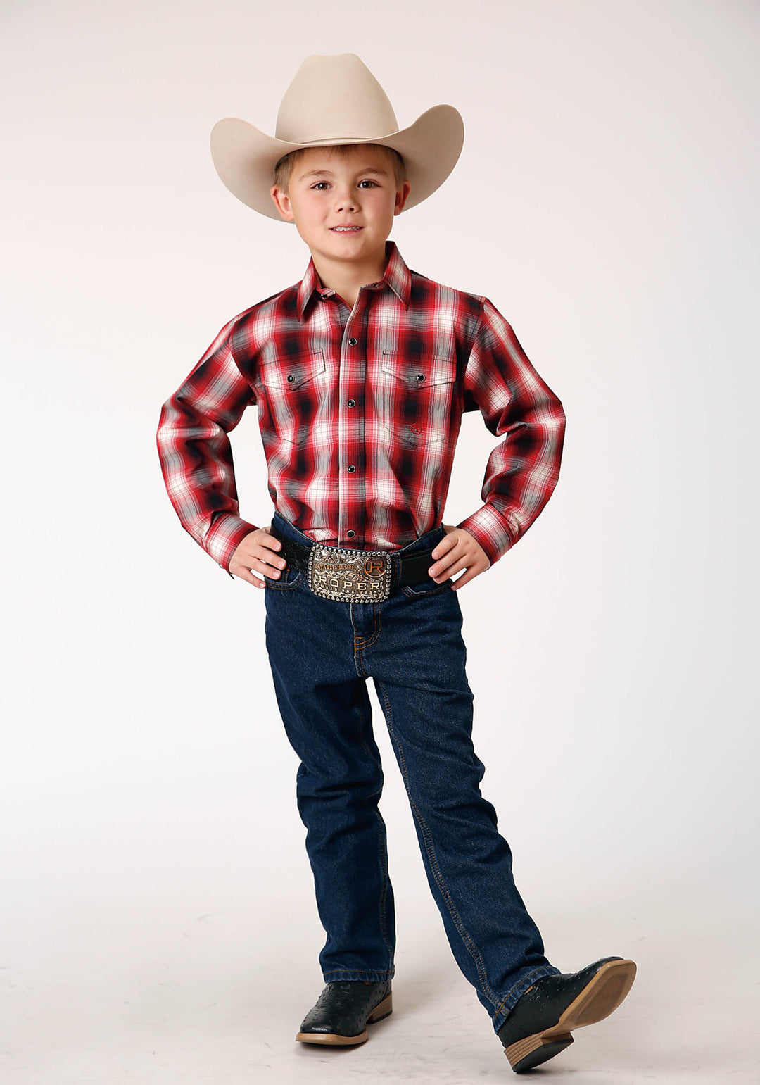 BOYS LONG SLEEVE SNAP BASIC RED PLAID WESTERN SHIRT