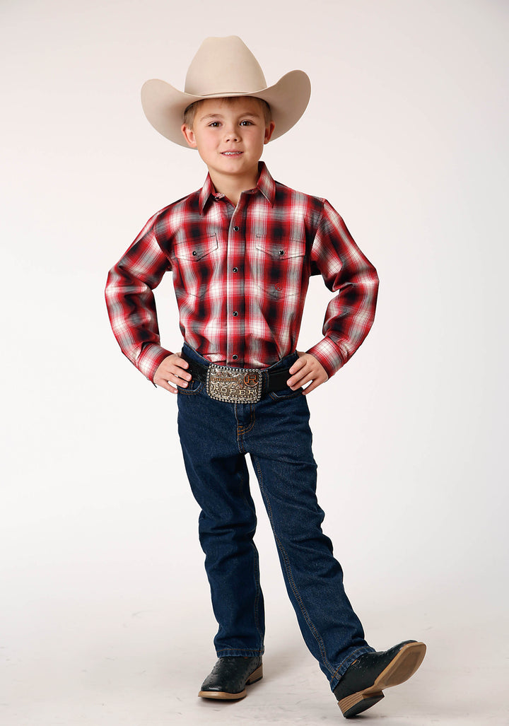 BOYS LONG SLEEVE SNAP BASIC RED PLAID WESTERN SHIRT