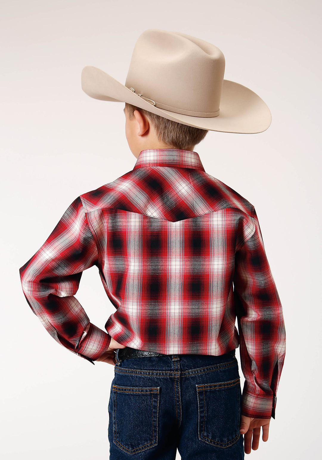 BOYS LONG SLEEVE SNAP BASIC RED PLAID WESTERN SHIRT