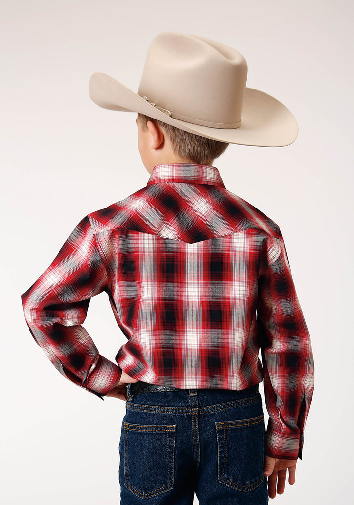 BOYS LONG SLEEVE SNAP BASIC RED PLAID WESTERN SHIRT