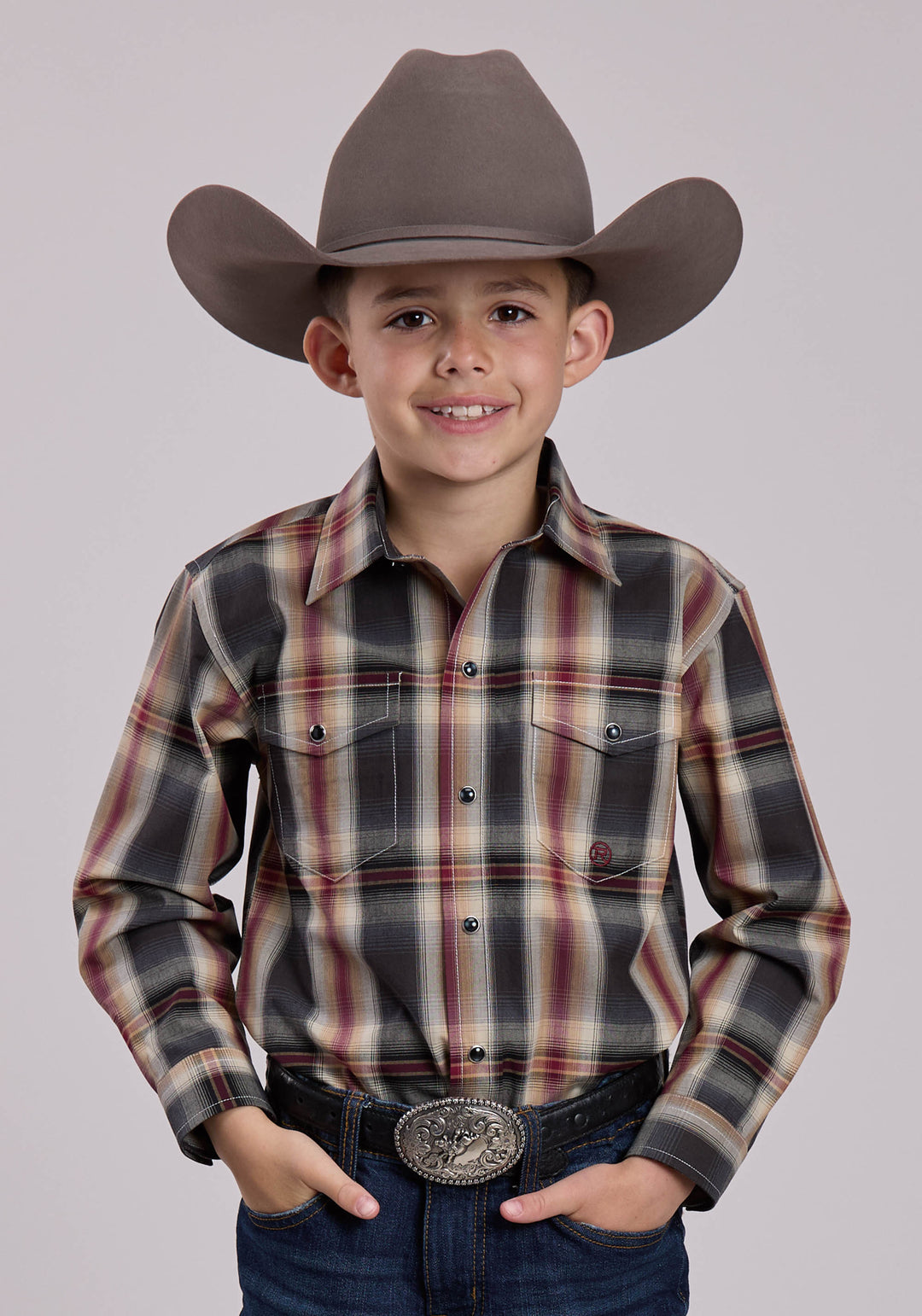 BOYS LONG SLEEVE SNAP BLACK OMBRE PLAID WESTERN SHIRT