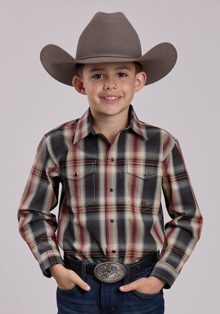 BOYS LONG SLEEVE SNAP BLACK OMBRE PLAID WESTERN SHIRT