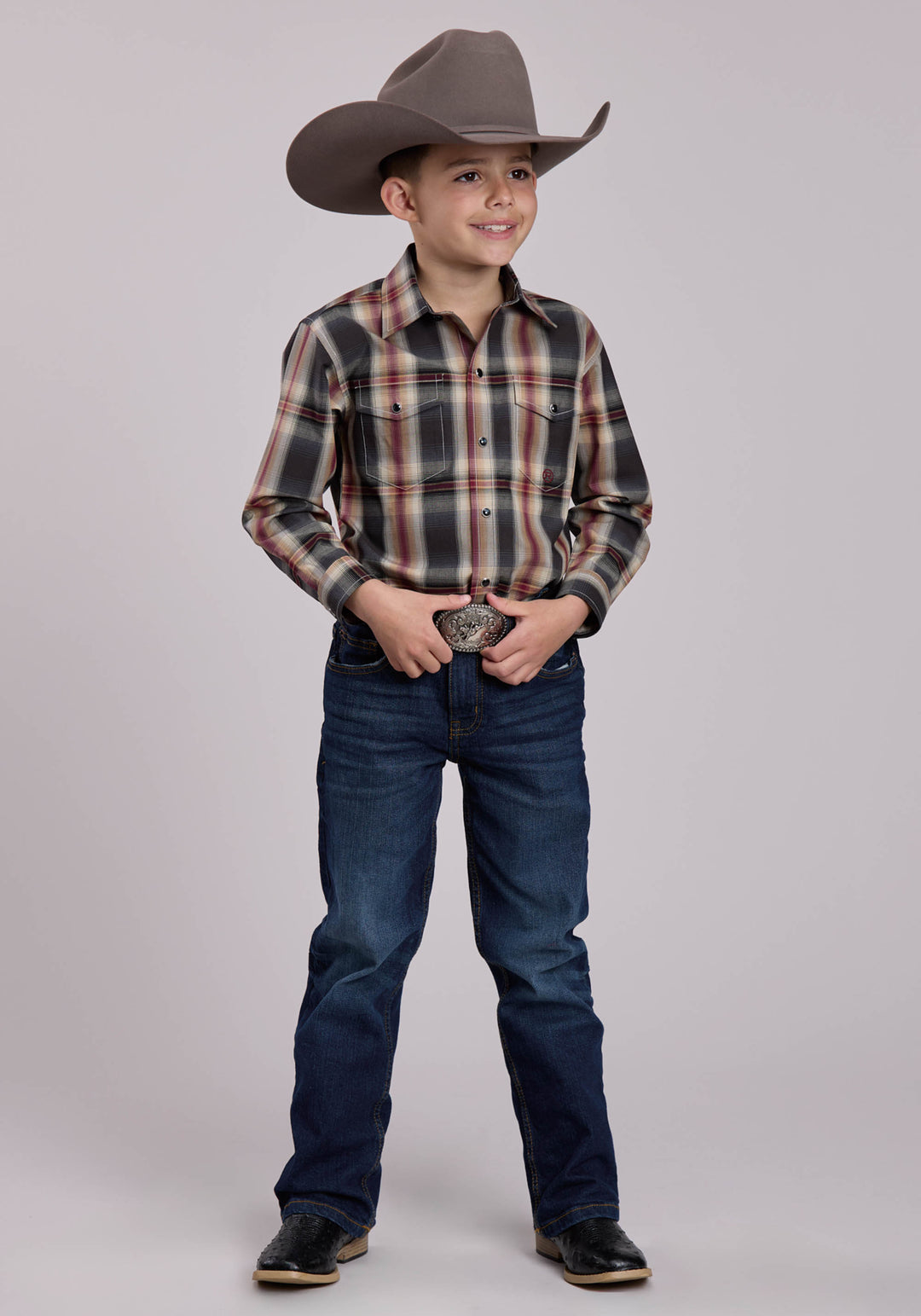 BOYS LONG SLEEVE SNAP BLACK OMBRE PLAID WESTERN SHIRT