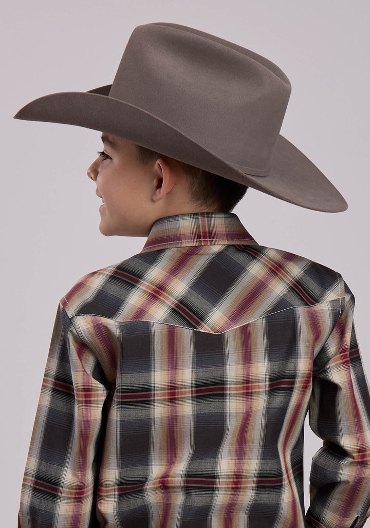 BOYS LONG SLEEVE SNAP BLACK OMBRE PLAID WESTERN SHIRT