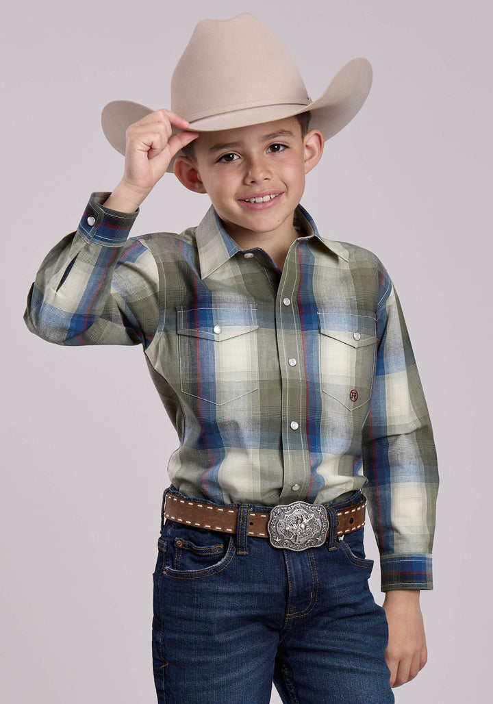 BOYS LONG SLEEVE SNAP EVERGREEN PLAID WESTERN SHIRT
