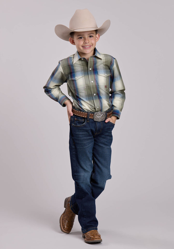 BOYS LONG SLEEVE SNAP EVERGREEN PLAID WESTERN SHIRT