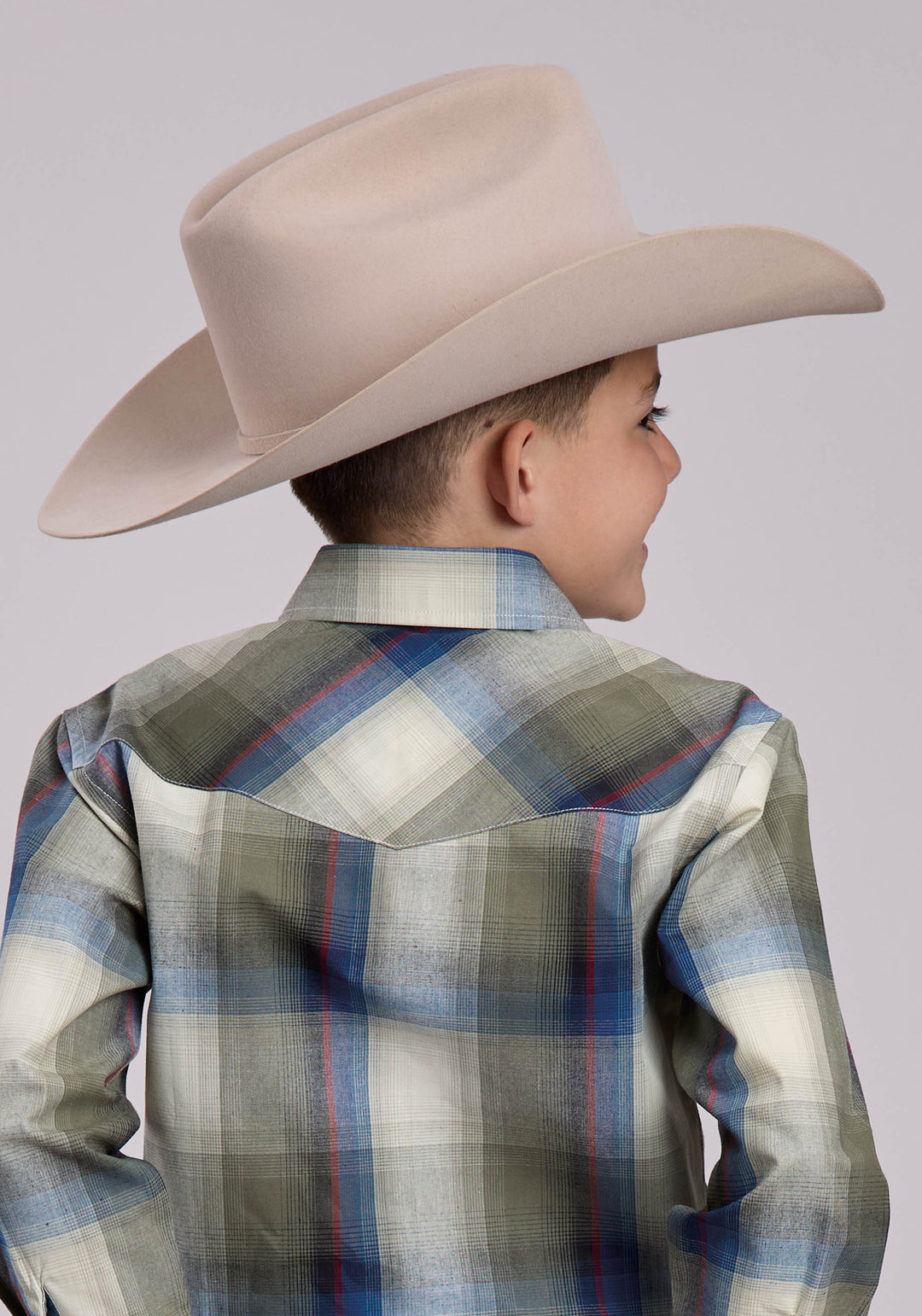 BOYS LONG SLEEVE SNAP EVERGREEN PLAID WESTERN SHIRT