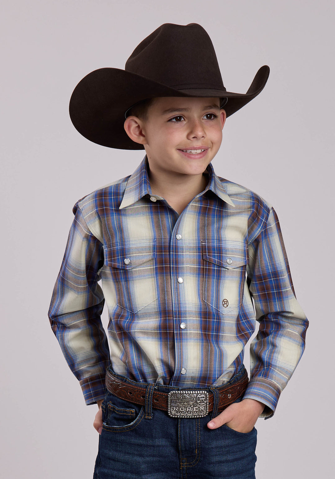 BOYS LONG SLEEVE SNAP OPEN WINDOW PLAID WESTERN SHIRT