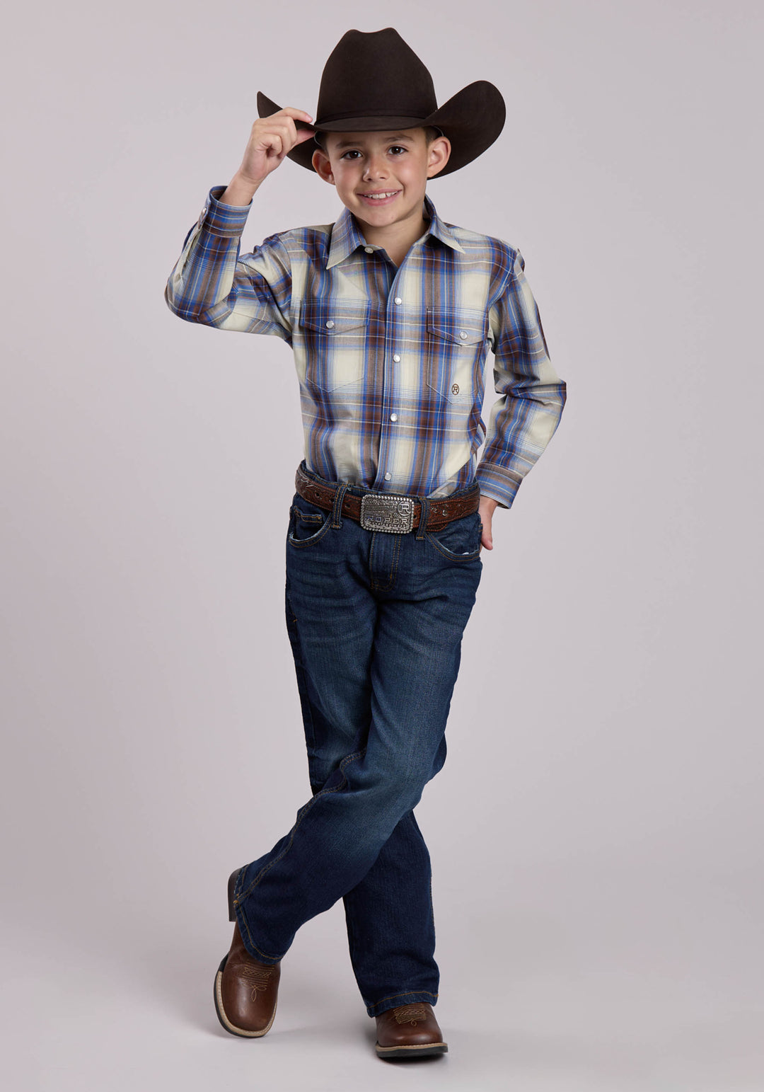 BOYS LONG SLEEVE SNAP OPEN WINDOW PLAID WESTERN SHIRT