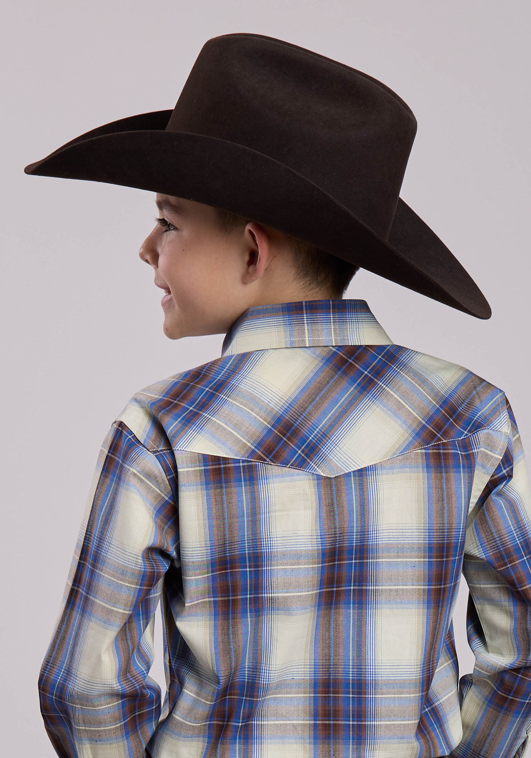BOYS LONG SLEEVE SNAP OPEN WINDOW PLAID WESTERN SHIRT