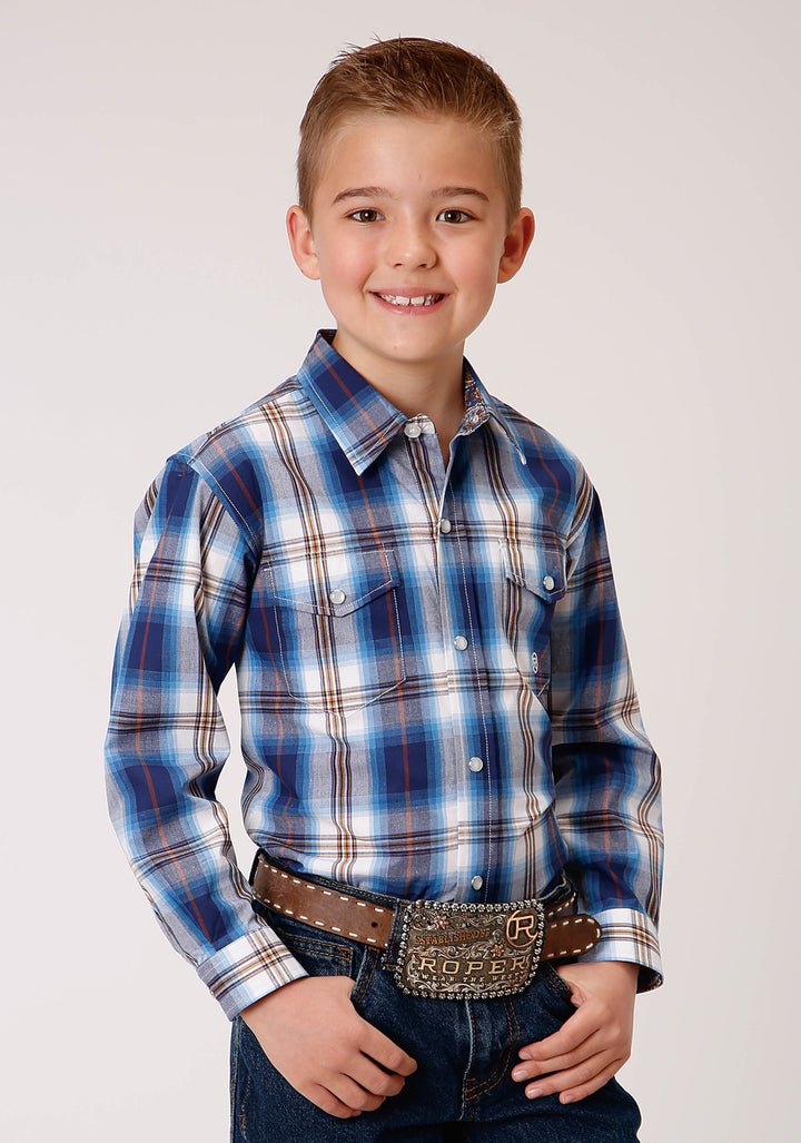 BOYS LONG SLEEVE SNAP ROYAL PLAID WESTERN SHIRT