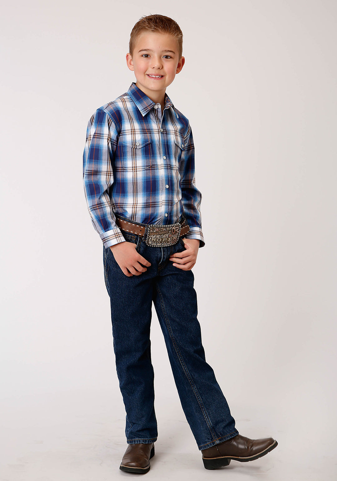 BOYS LONG SLEEVE SNAP ROYAL PLAID WESTERN SHIRT