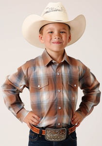 BOYS LONG SLEEVE SNAP COPPER OMBRE PLAID WESTERN SHIRT