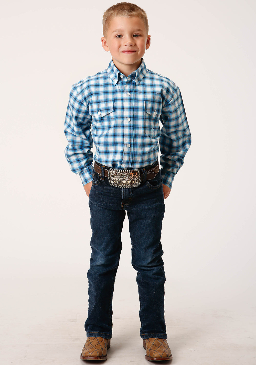 BOYS LONG SLEEVE SNAP NEW STRETCH CHECK  BLUE WESTERN SHIRT