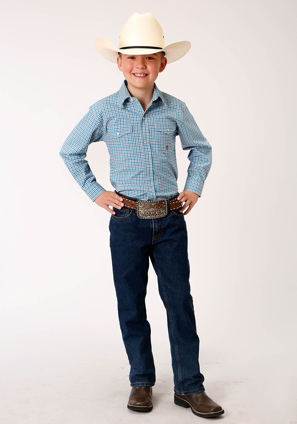 BOYS LONG SLEEVE SNAP STRETCH CHECK WESTERN SHIRT