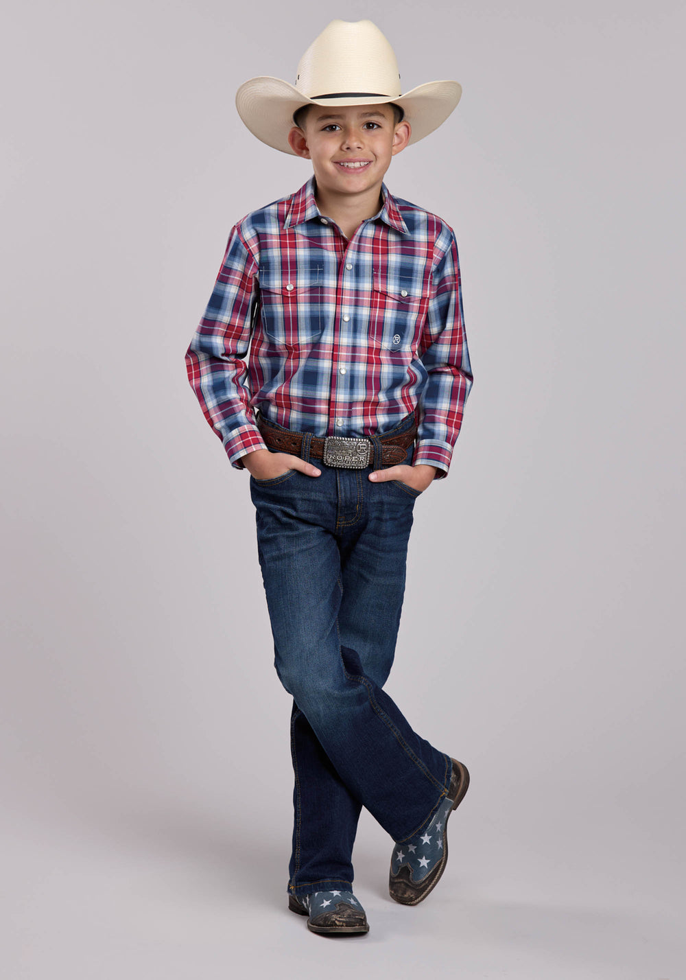 BOYS ROPER AMERICAN WEST PLAID LONG SLEEVE SNAP SHIRT