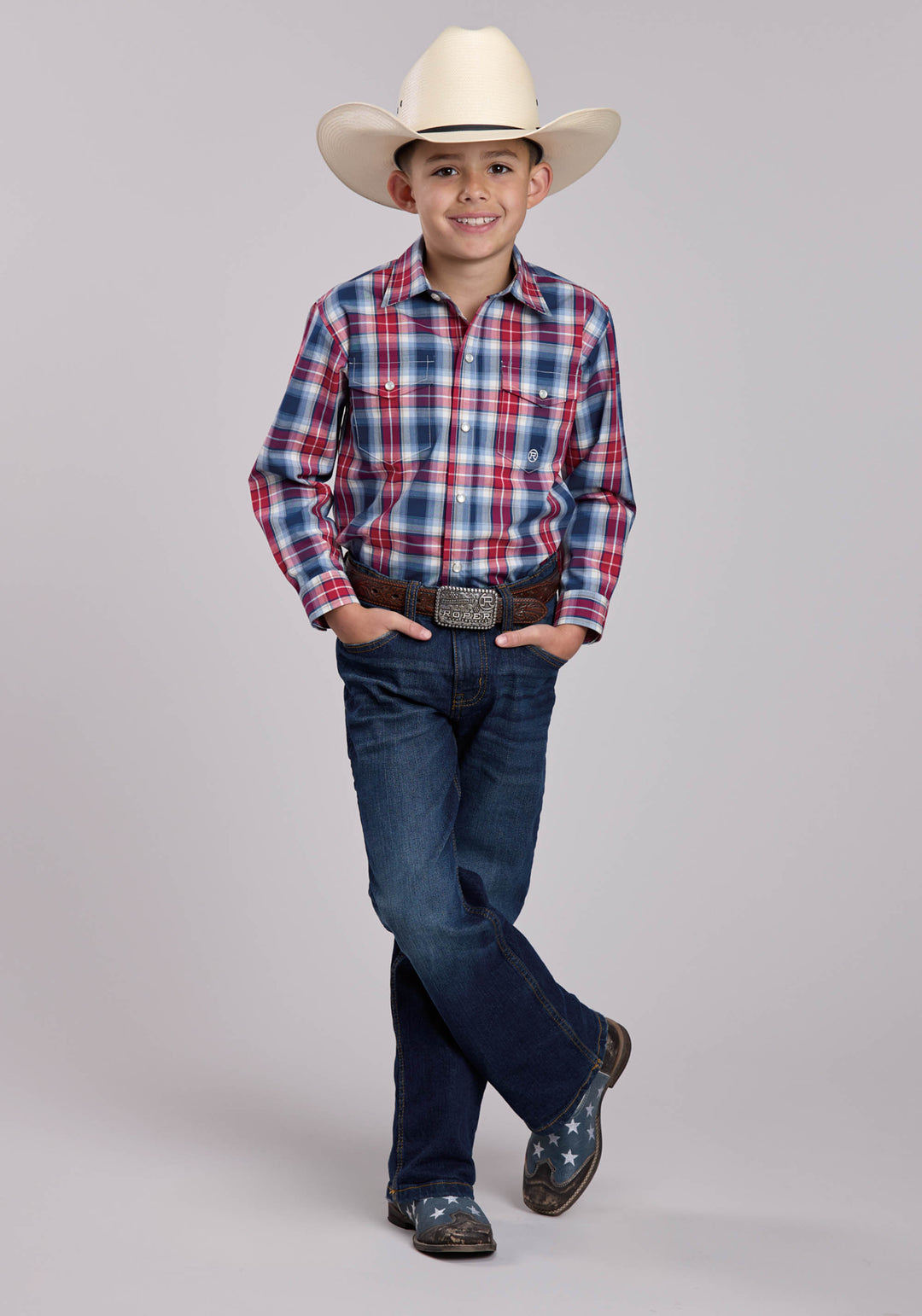 BOYS ROPER AMERICAN WEST PLAID LONG SLEEVE SNAP SHIRT