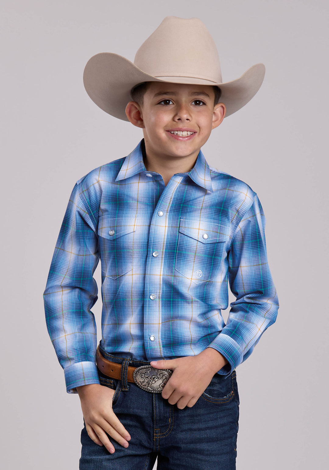 BOYS ROPER BLUE OMBRE PLAID LONG SLEEVE SNAP SHIRT