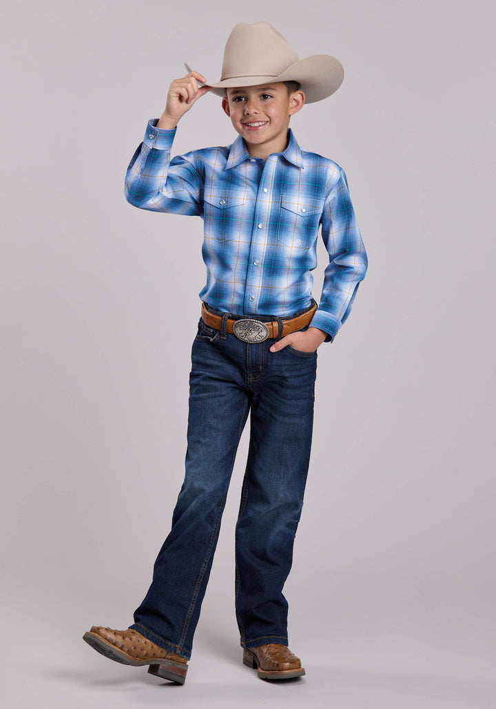 BOYS ROPER BLUE OMBRE PLAID LONG SLEEVE SNAP SHIRT