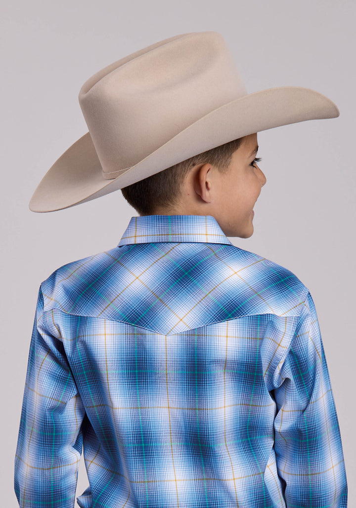 BOYS ROPER BLUE OMBRE PLAID LONG SLEEVE SNAP SHIRT