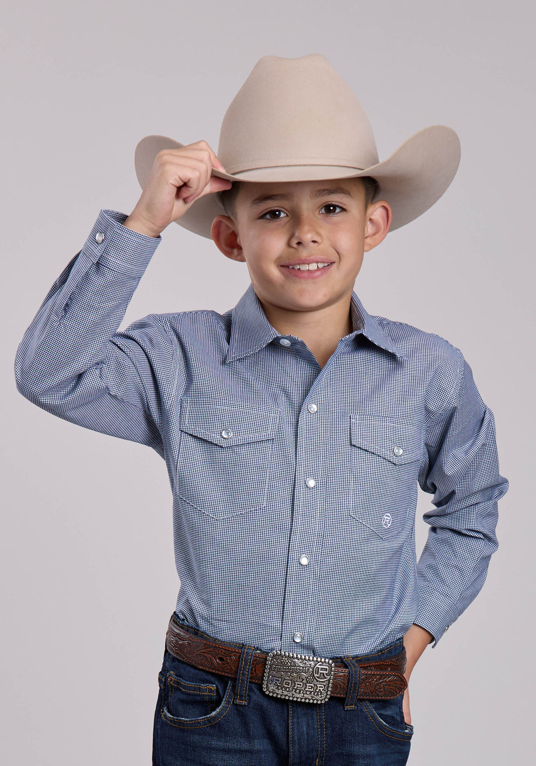 BOYS ROPER STRETCH MINICHECK NAVY LONG SLEEVE SNAP SHIRT