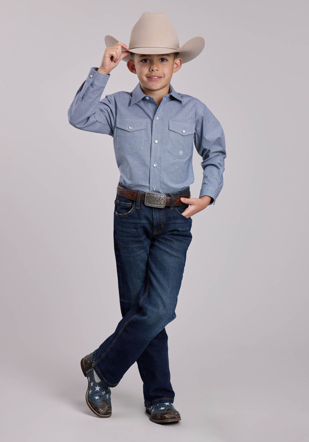 BOYS ROPER STRETCH MINICHECK NAVY LONG SLEEVE SNAP SHIRT
