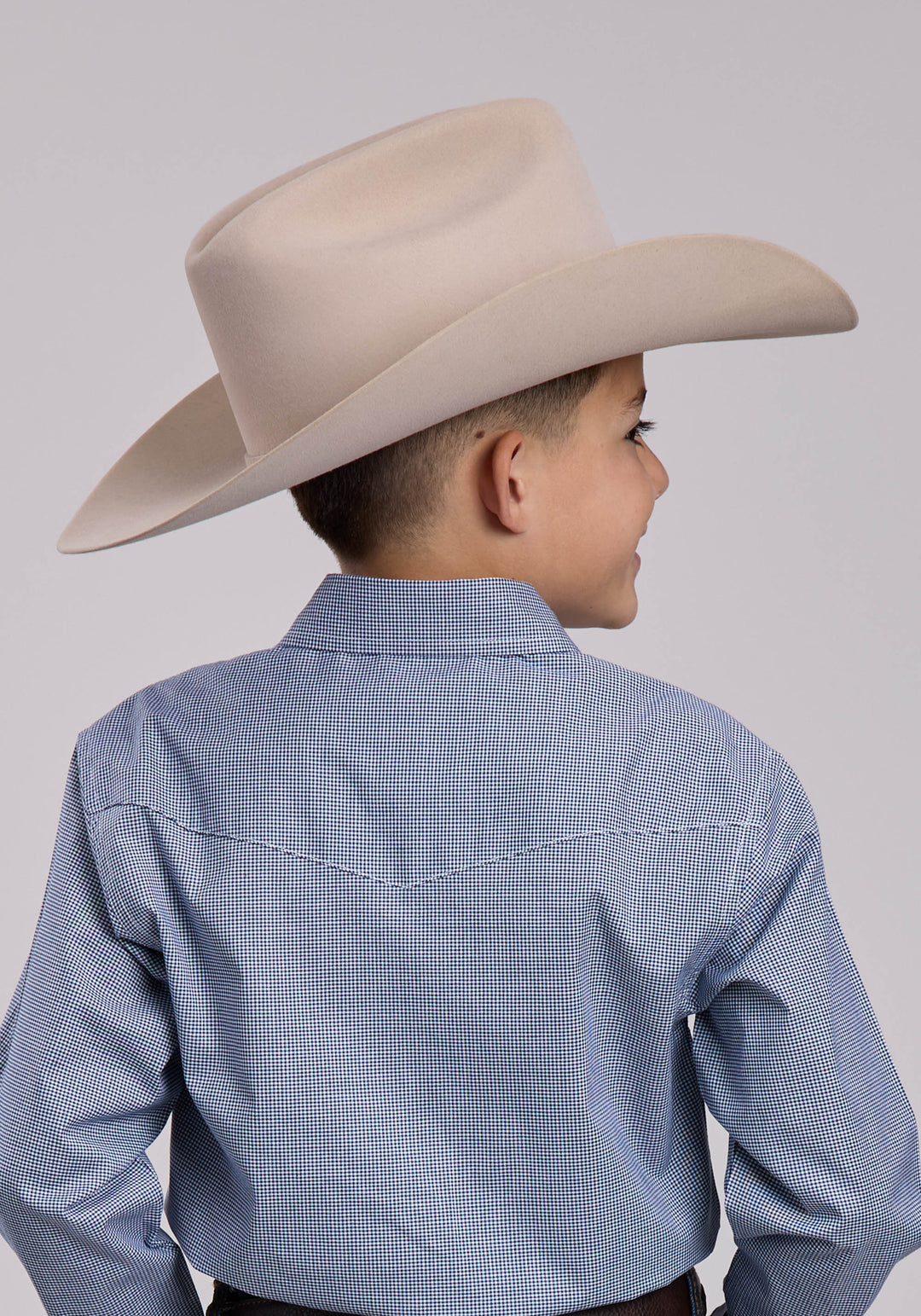BOYS ROPER STRETCH MINICHECK NAVY LONG SLEEVE SNAP SHIRT